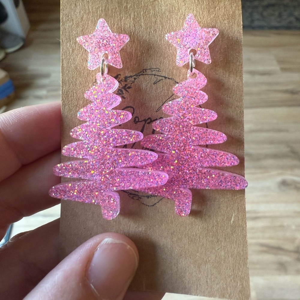 Pink glitter Christmas Tree Earrings (NEW)